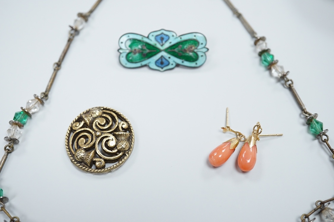 A group of mainly antique jewellery including micro-mosaic plaque, a pair of 9ct and coral drop earrings, a silver bangle, a George V enamel and silver brooch(a.f.) etc.